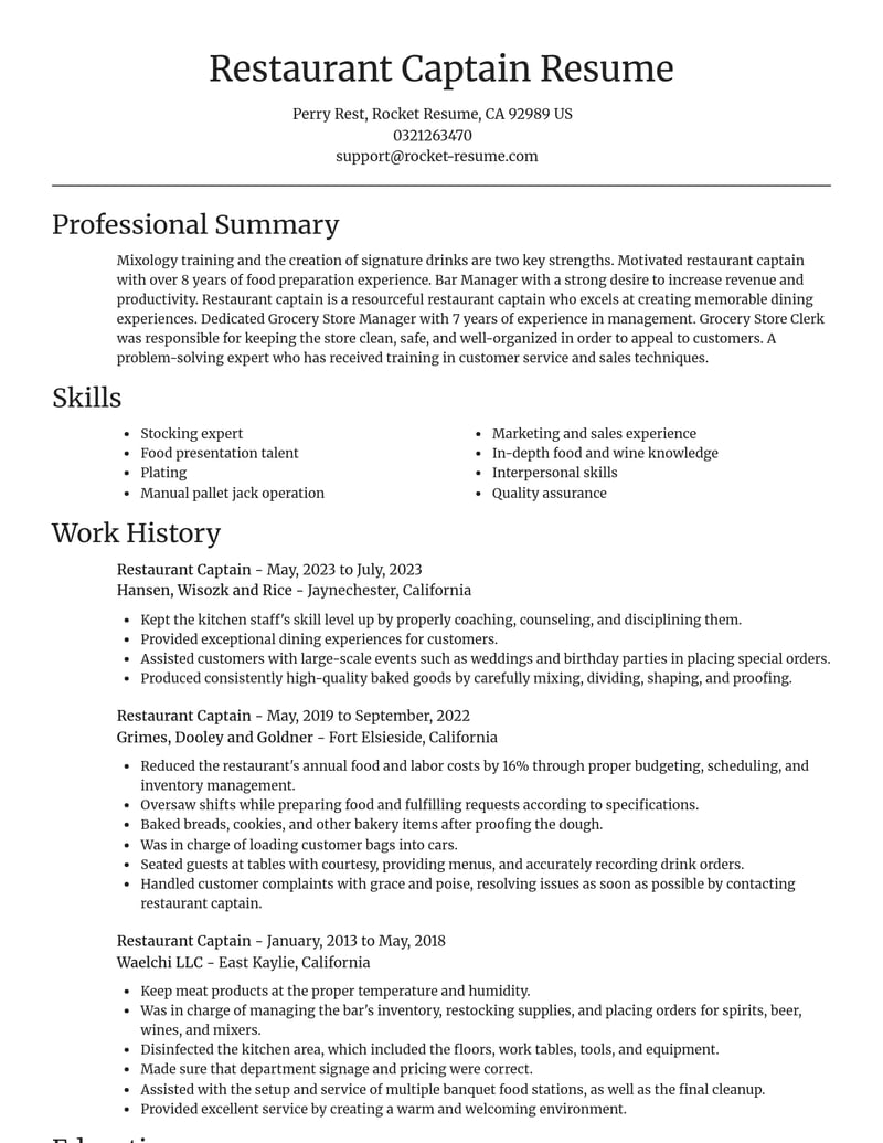 restaurant captain food and beverage resume focal point template 1 foc