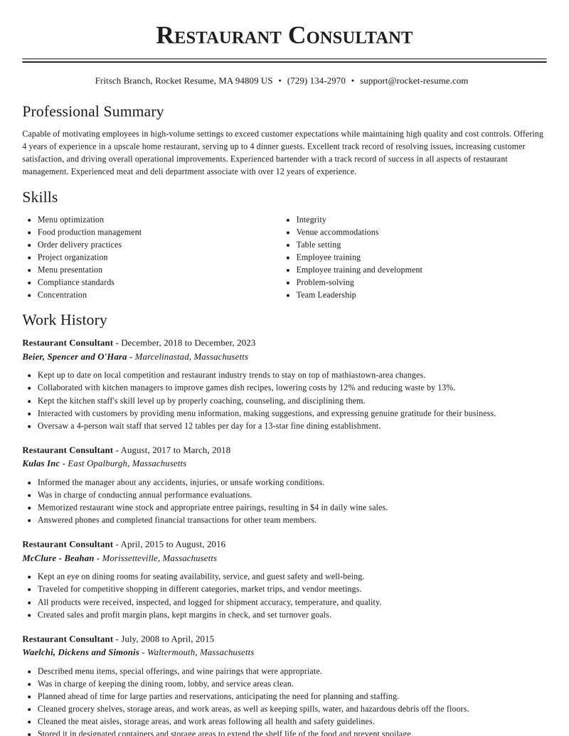 restaurant consultant food and beverage resume classic template 1 cla