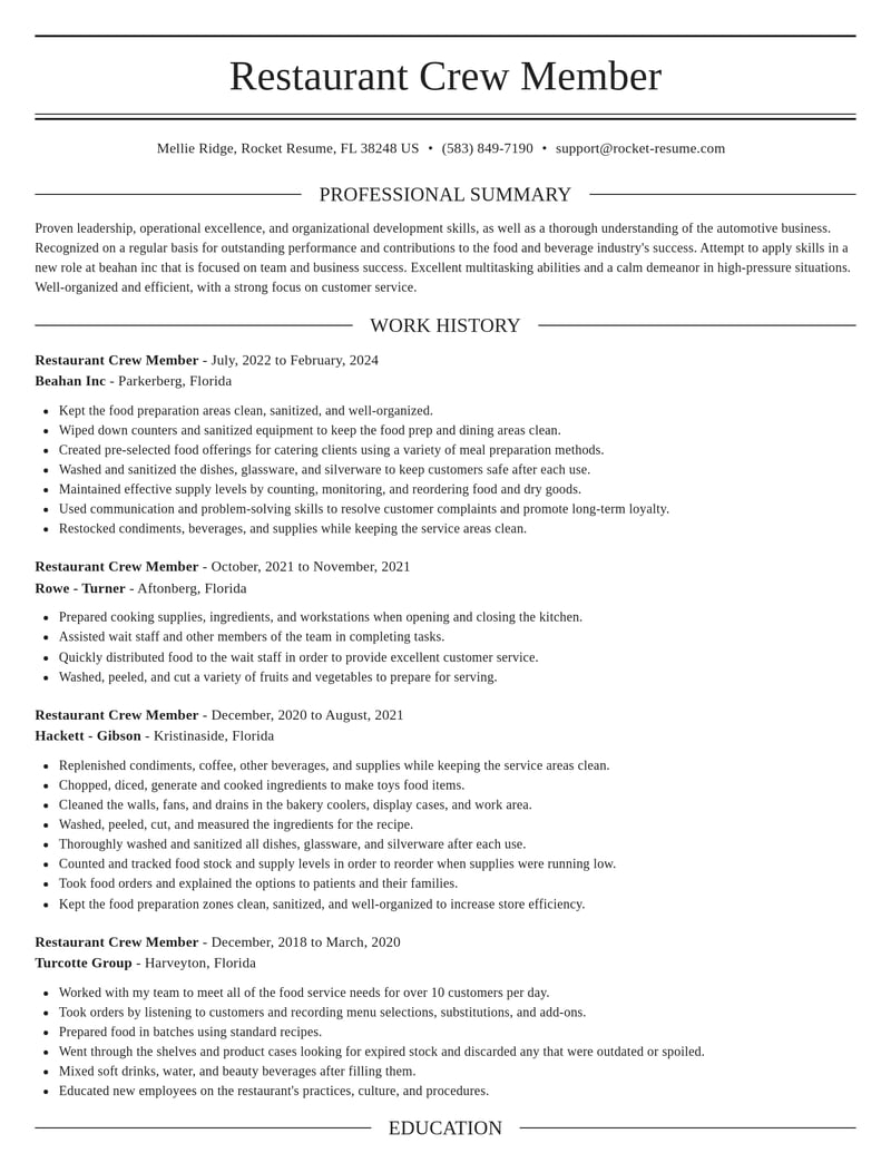 restaurant crew member food and beverage resume elegant template 2 ele