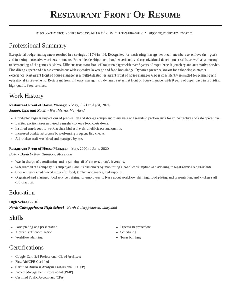 restaurant front of house manager food and beverage resume classic template 1 cla