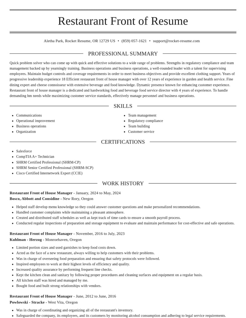 restaurant front of house manager food and beverage resume elegant template 2 ele