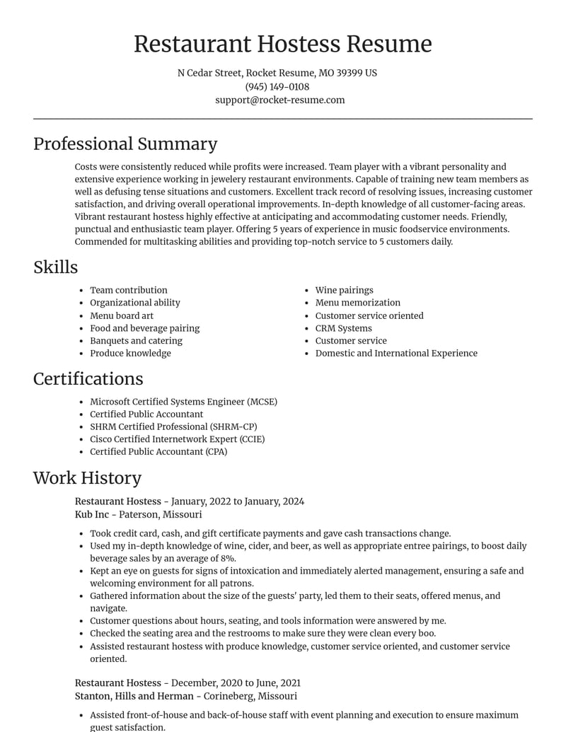 restaurant hostess food and beverage resume focal point template 1 foc