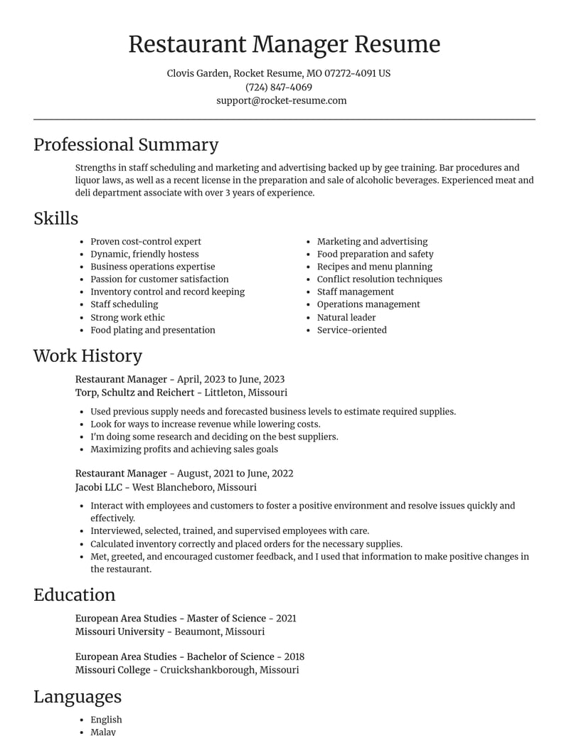 restaurant manager food and beverage resume focal point template 1 foc