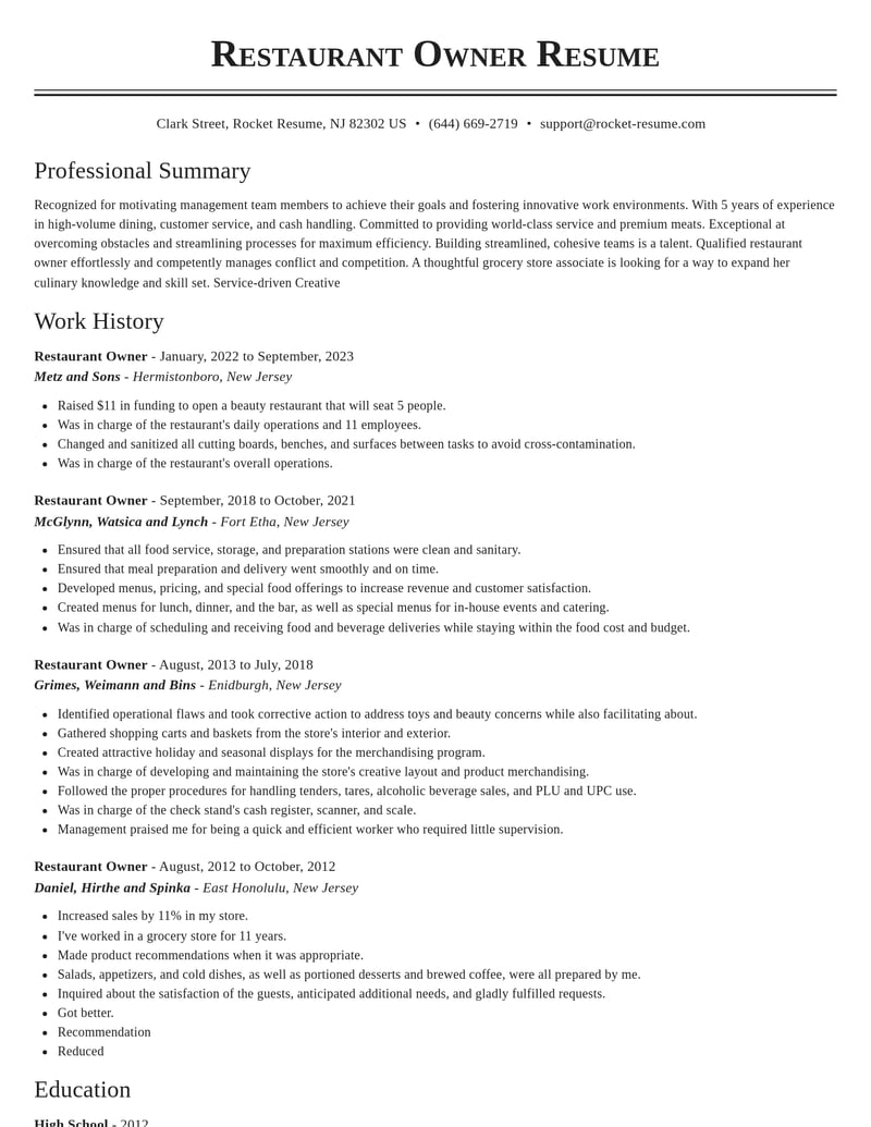 restaurant owner food and beverage resume classic template 2 cla