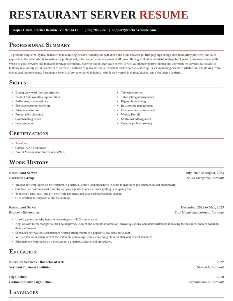 restaurant server food and beverage resume exquisite template 0 exq