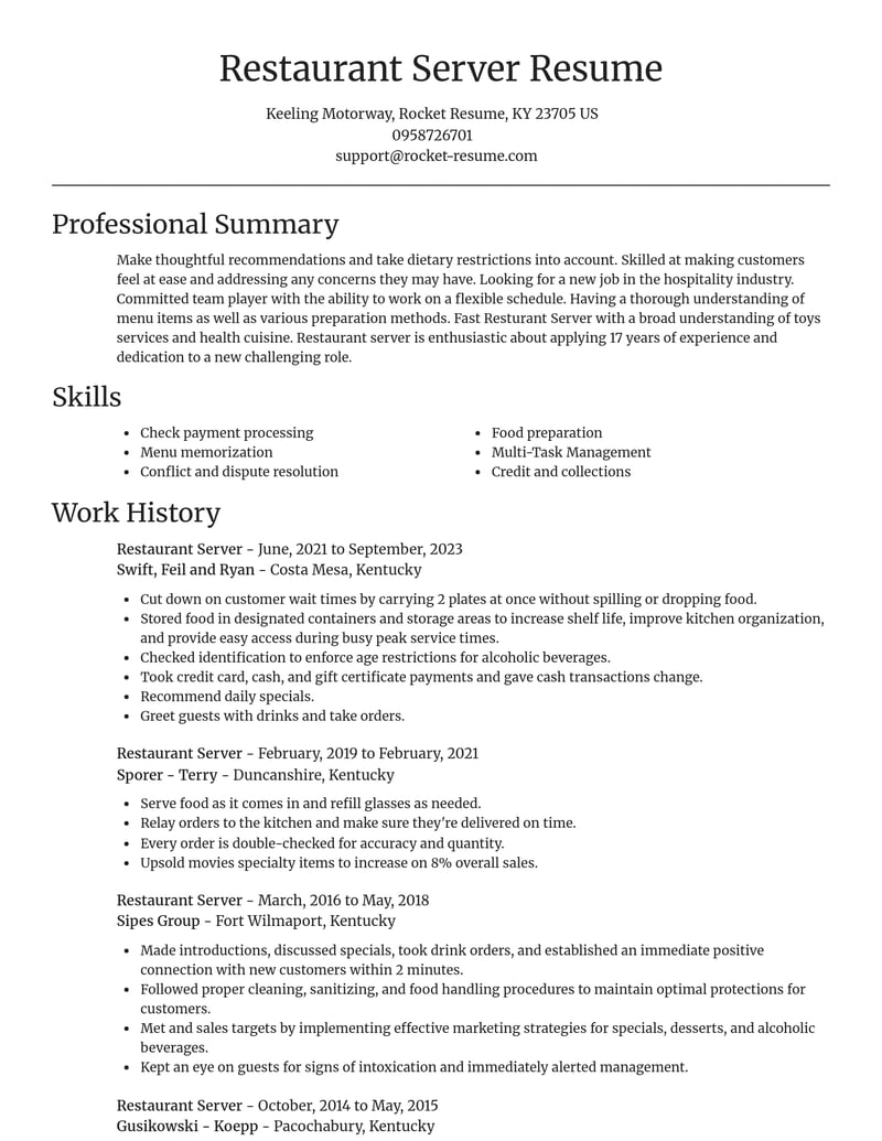 restaurant server food and beverage resume focal point template 2 foc
