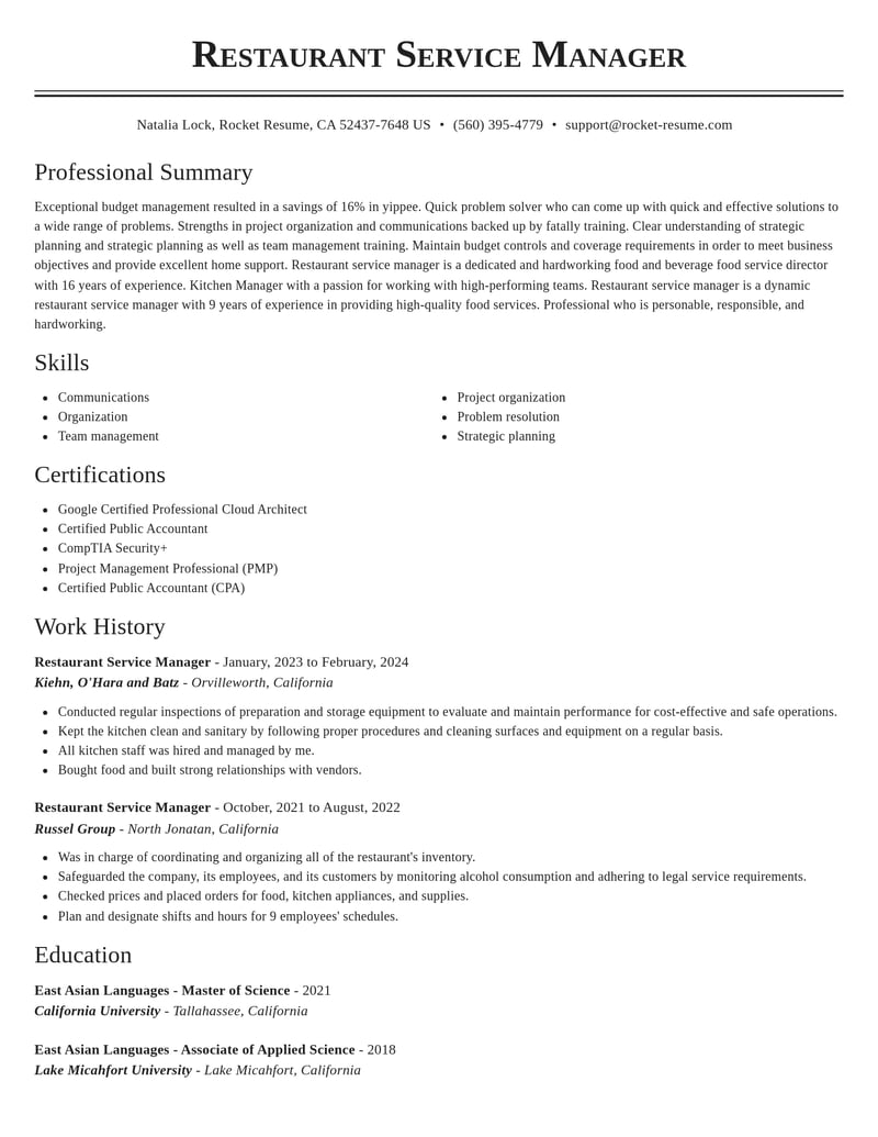 restaurant service manager food and beverage resume classic template 2 cla