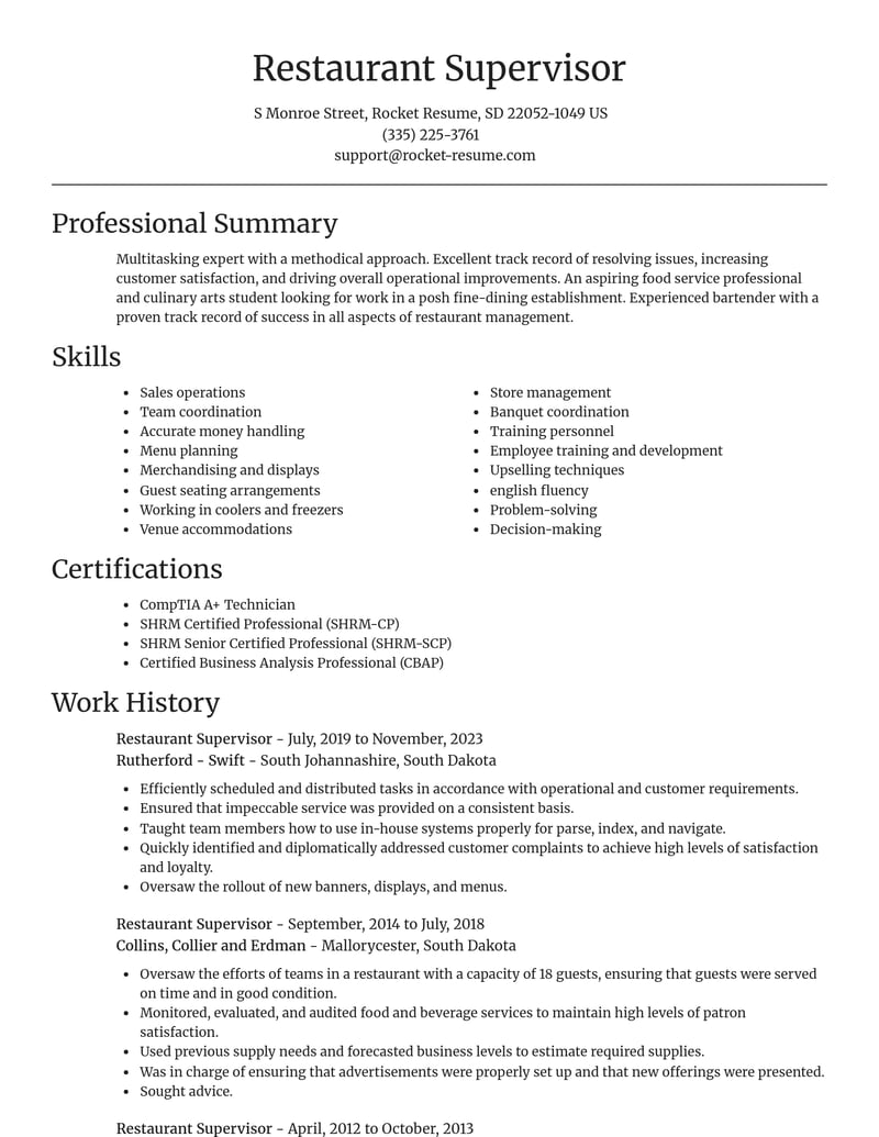 restaurant supervisor food and beverage resume focal point template 0 foc