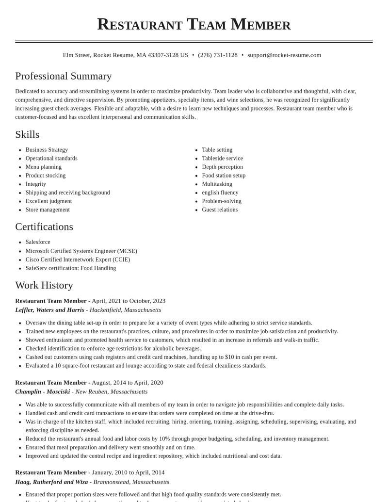 restaurant team member food and beverage resume classic template 1 cla