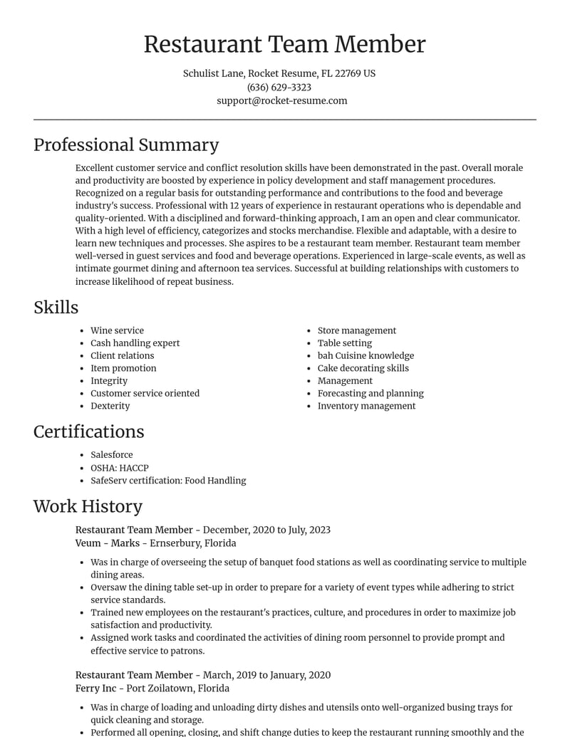 restaurant team member food and beverage resume focal point template 2 foc