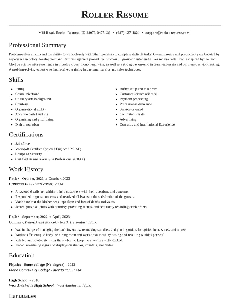 roller food and beverage resume classic template 2 cla