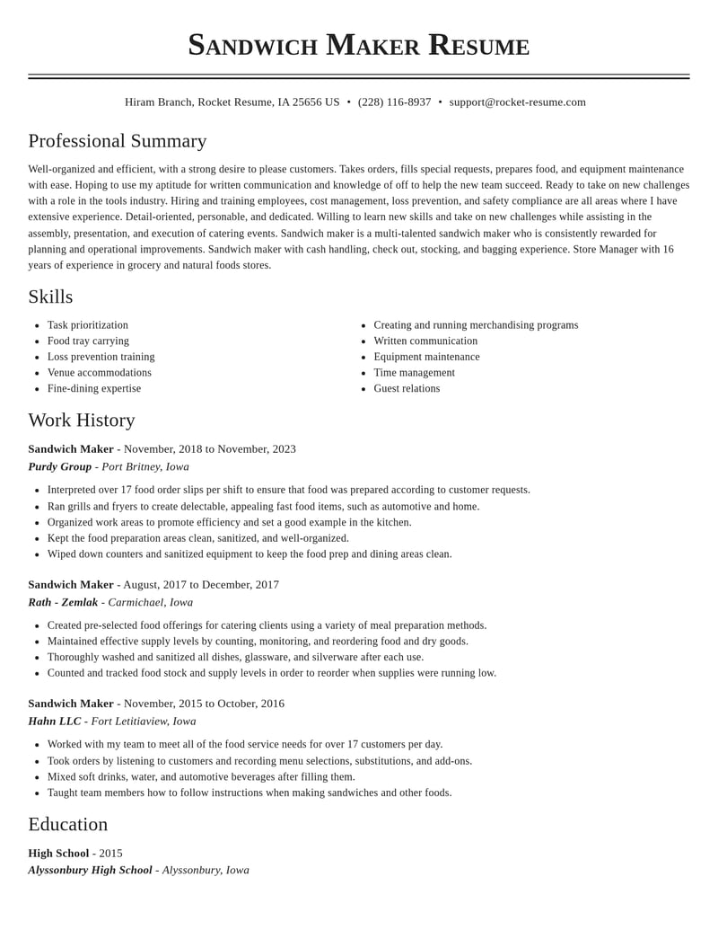 sandwich maker food and beverage resume classic template 1 cla