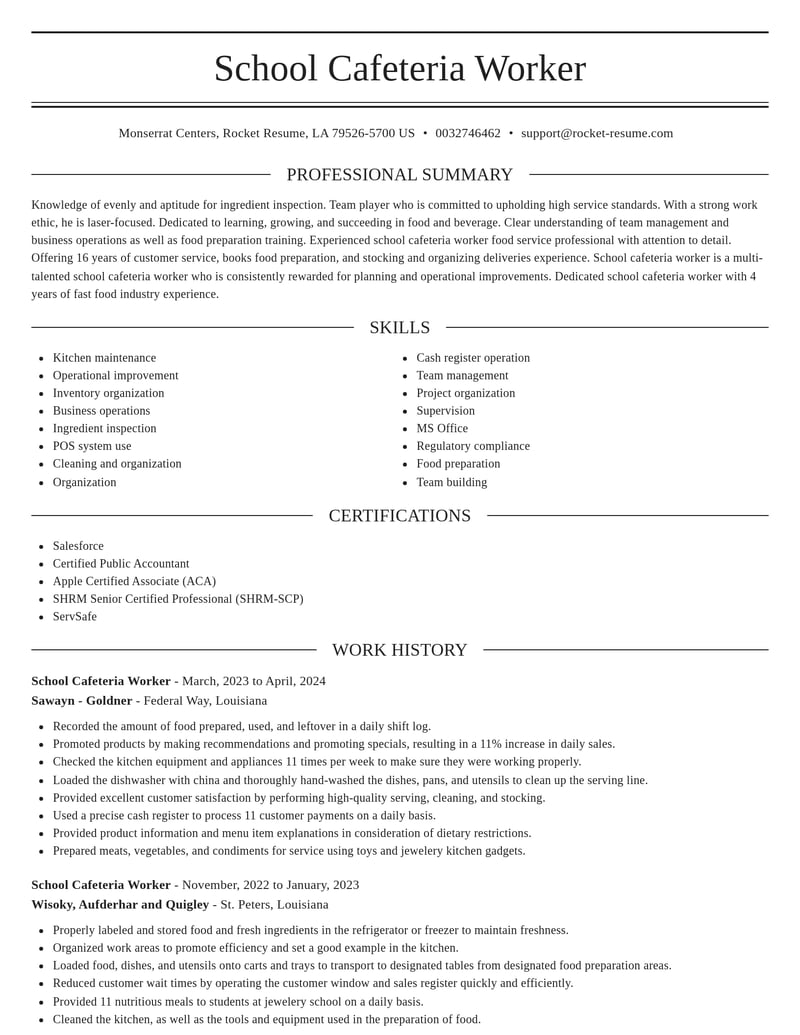 school cafeteria worker food and beverage resume elegant template 0 ele