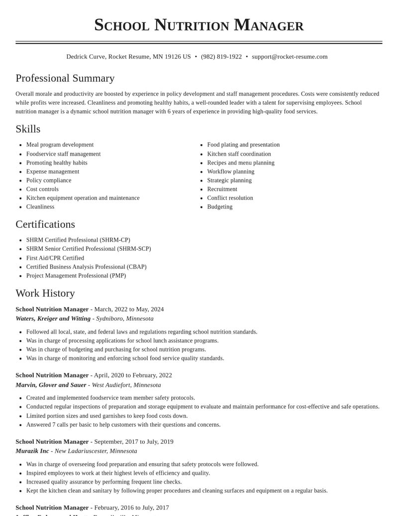 school nutrition manager food and beverage resume classic template 1 cla