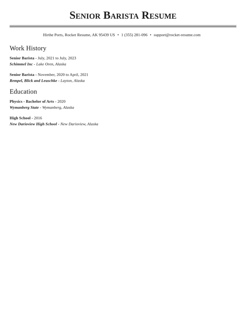 senior barista food and beverage resume classic template 2 cla