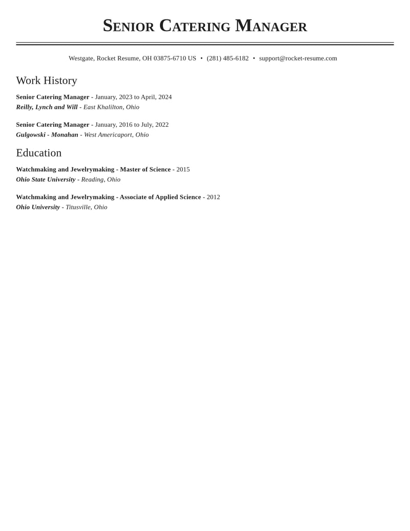 senior catering manager food and beverage resume classic template 2 cla