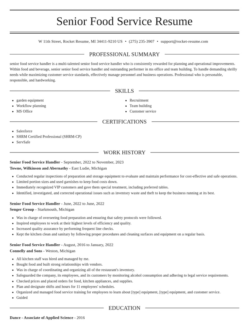 senior food service handler food and beverage resume elegant template 0 ele