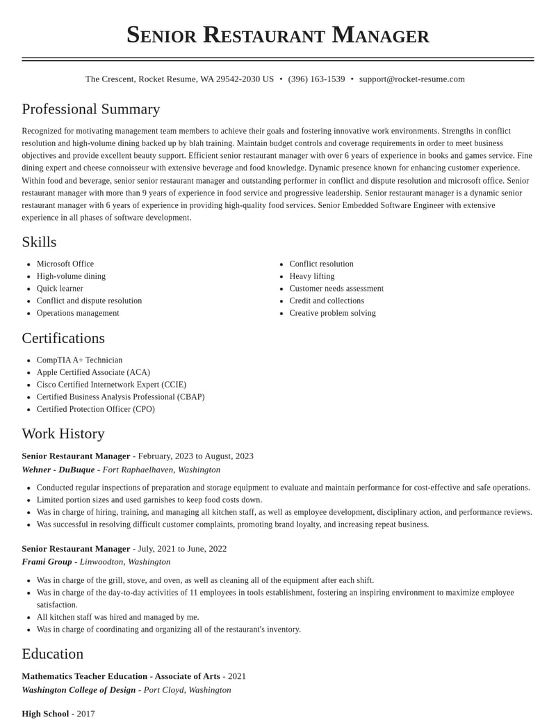 senior restaurant manager food and beverage resume classic template 0 cla