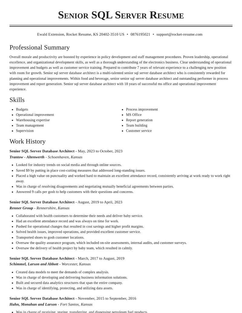 senior sql server database architect food and beverage resume classic template 0 cla