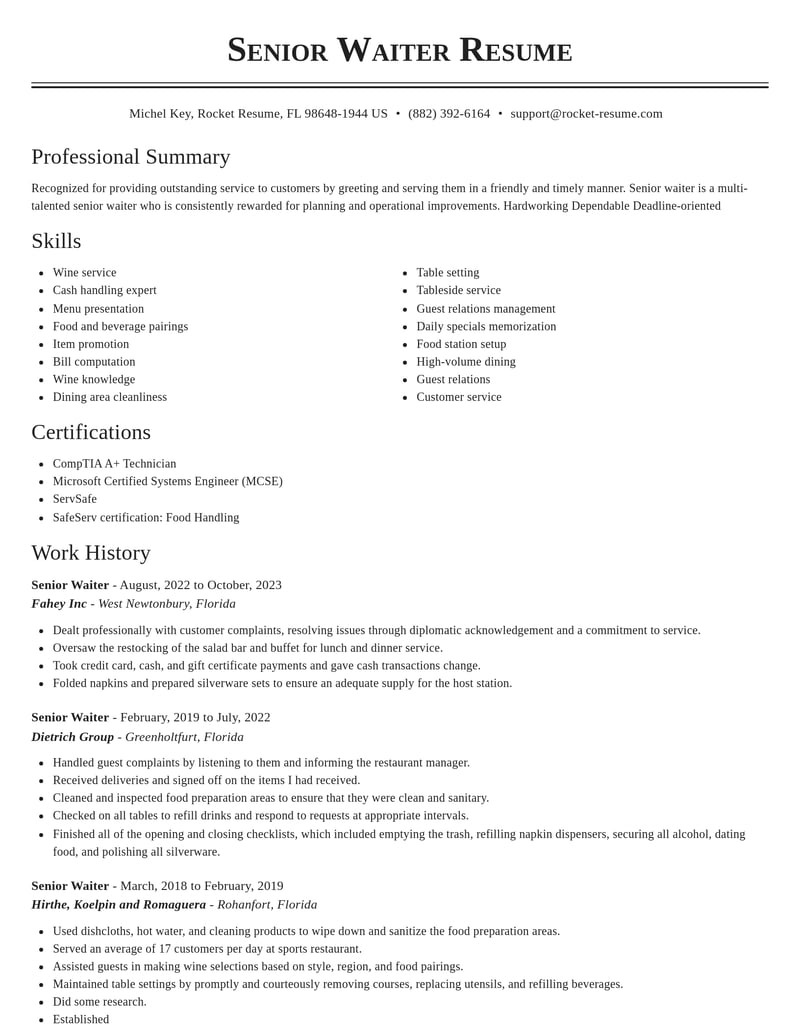 senior waiter food and beverage resume classic template 0 cla