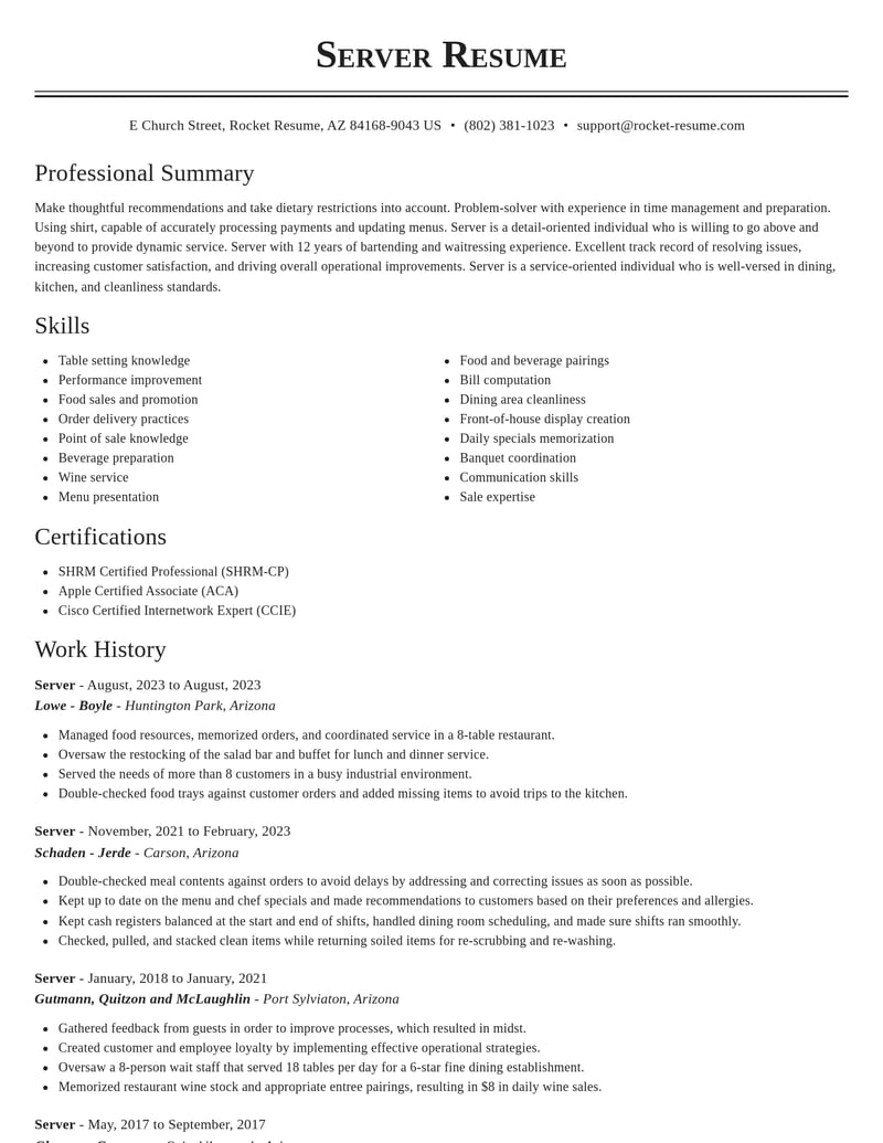 server food and beverage resume classic template 2 cla