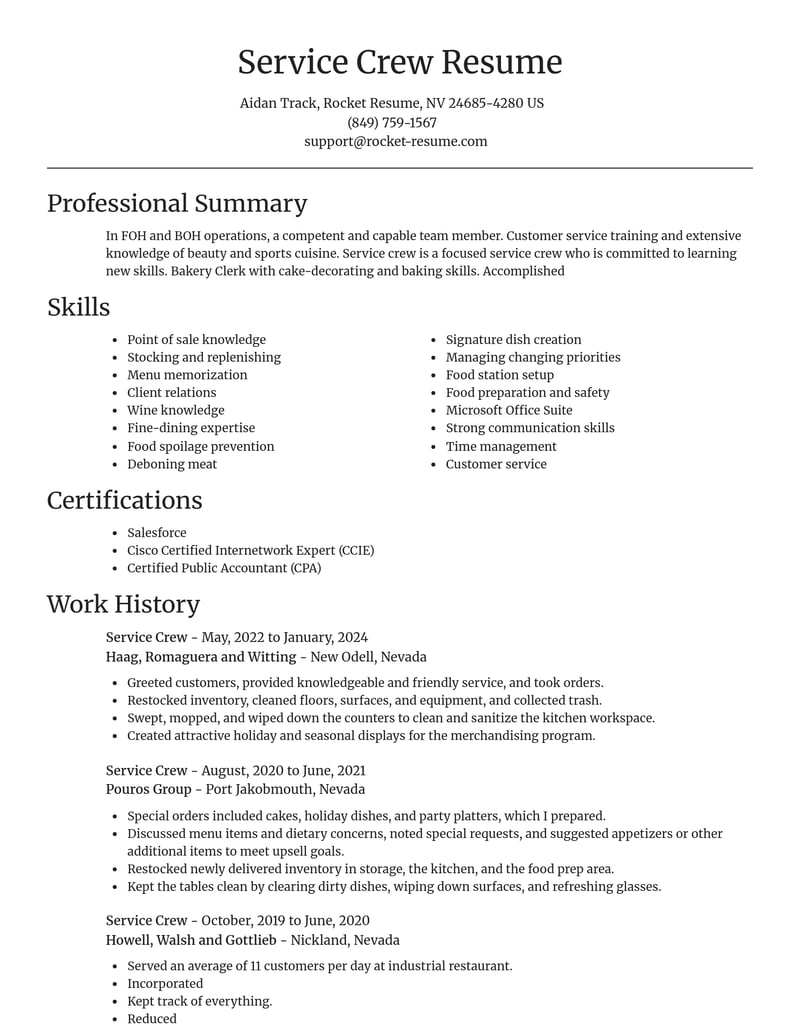 service crew food and beverage resume focal point template 0 foc