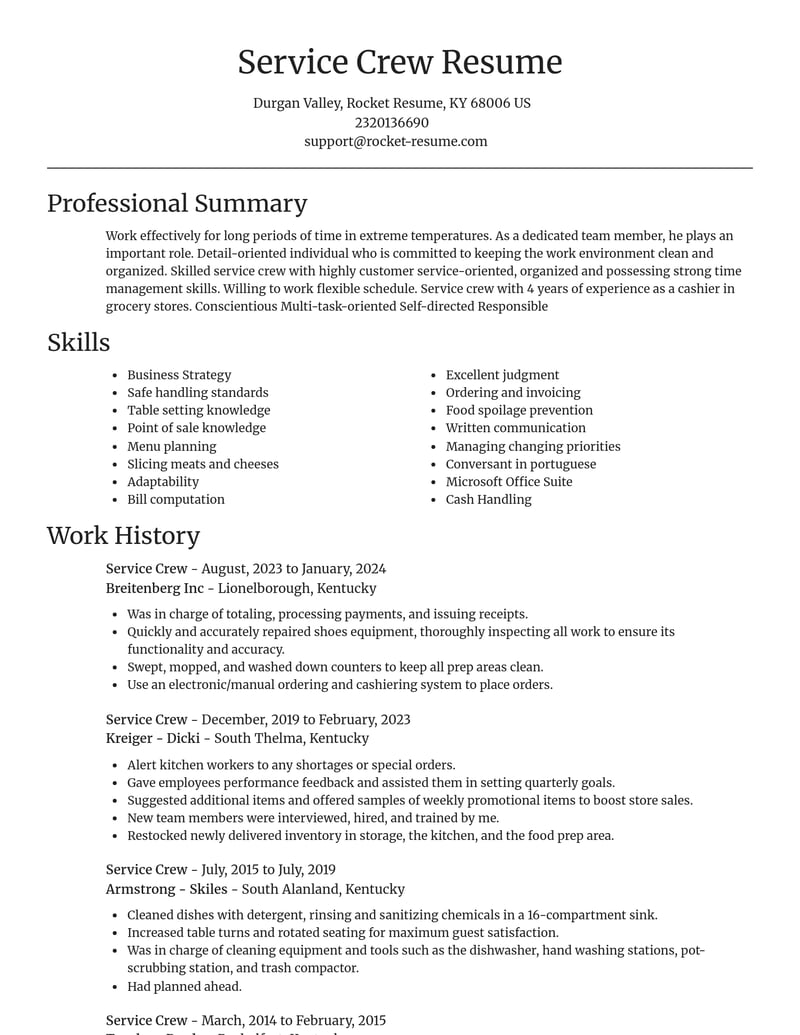 service crew food and beverage resume focal point template 2 foc