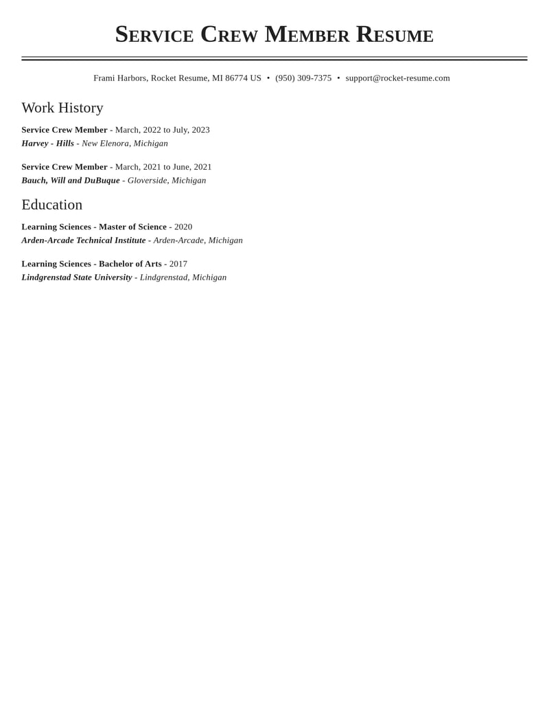 service crew member food and beverage resume classic template 2 cla