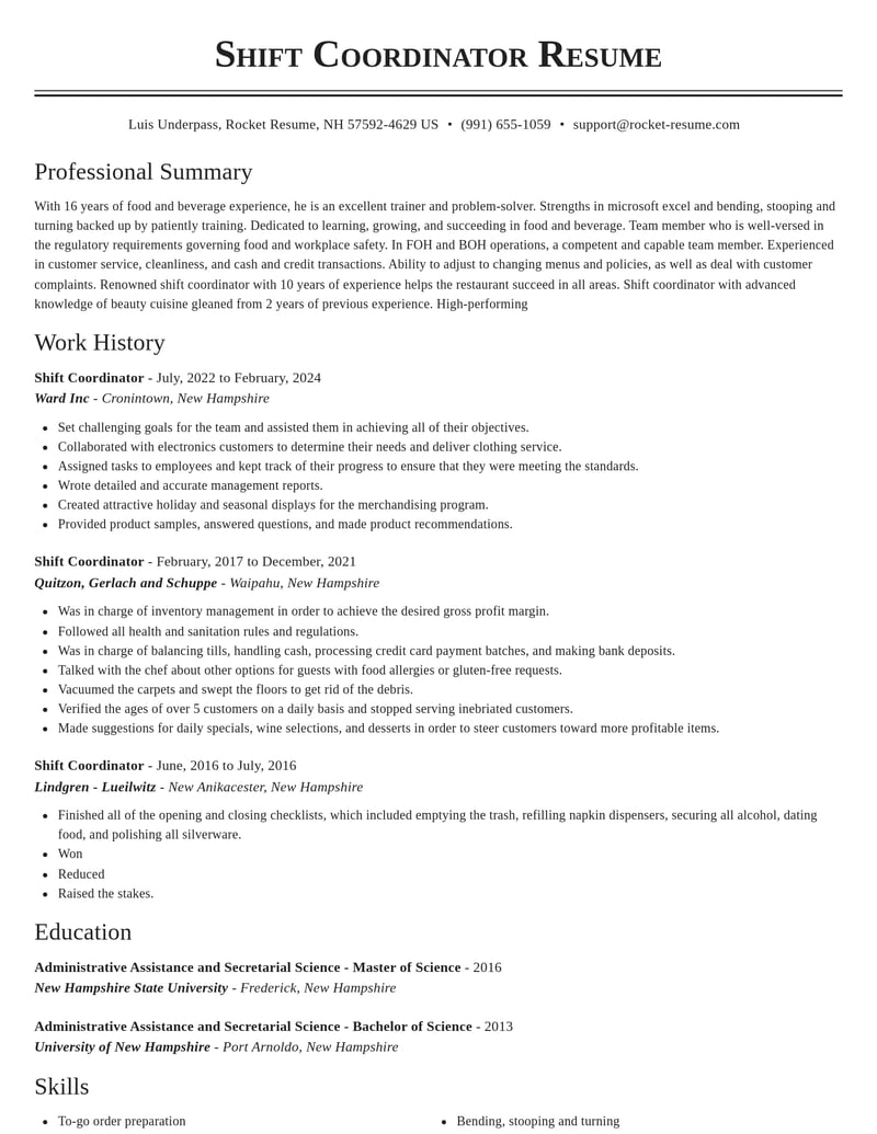 shift coordinator food and beverage resume classic template 2 cla