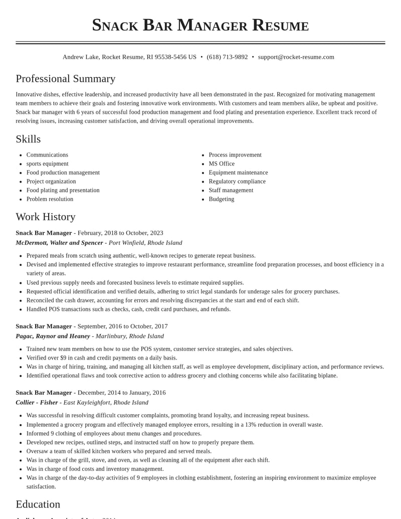 snack bar manager food and beverage resume classic template 2 cla