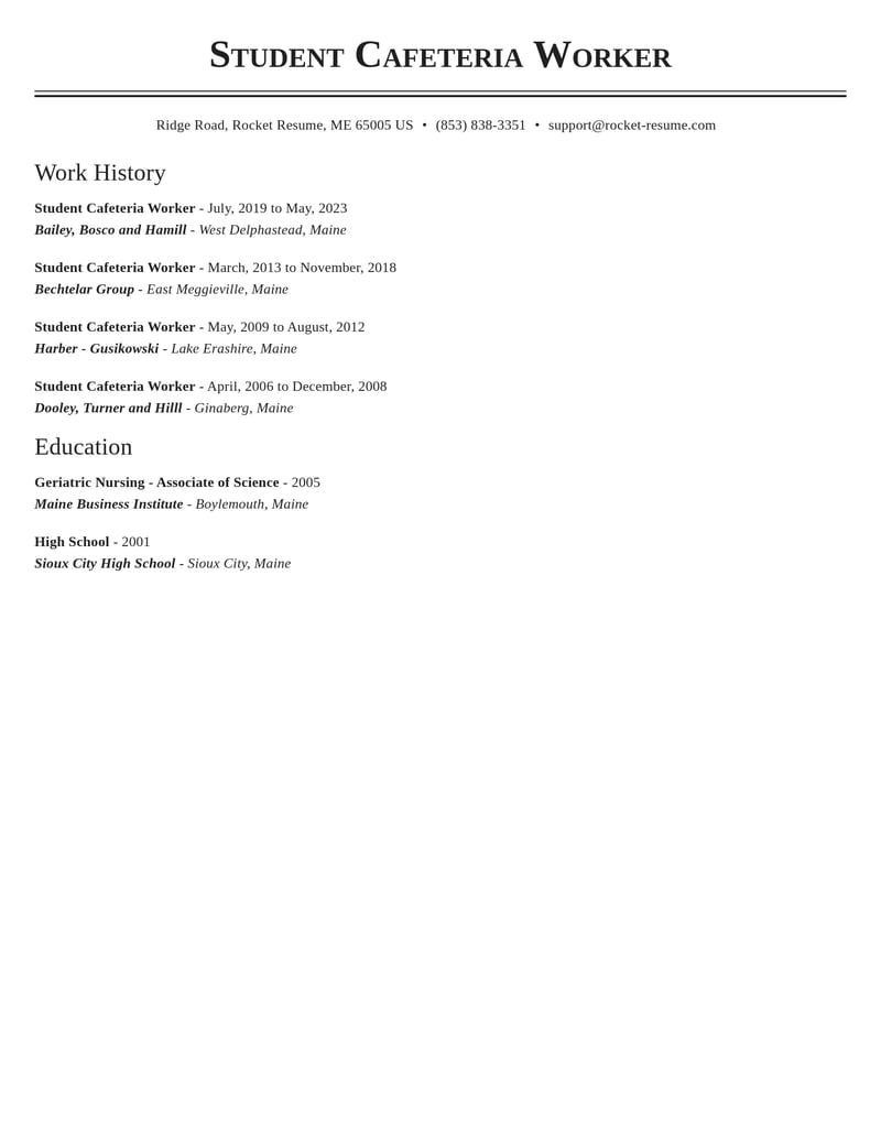 student cafeteria worker food and beverage resume classic template 2 cla