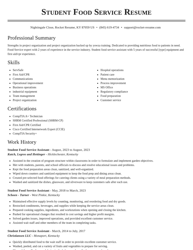 student food service assistant food and beverage resume classic template 2 cla