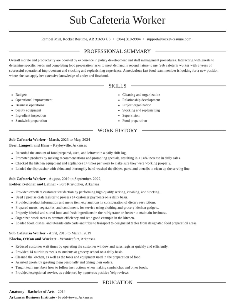 sub cafeteria worker food and beverage resume elegant template 1 ele