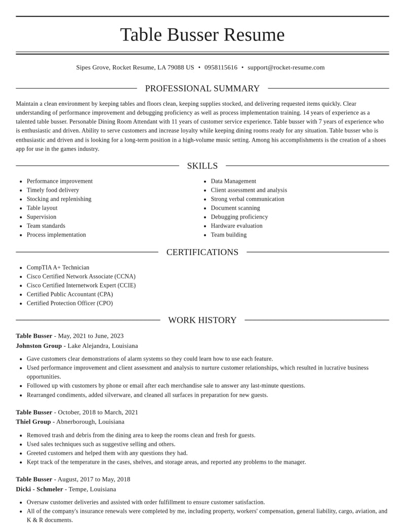 table busser food and beverage resume elegant template 0 ele