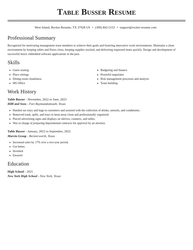 table busser food and beverage resume classic template 1 cla