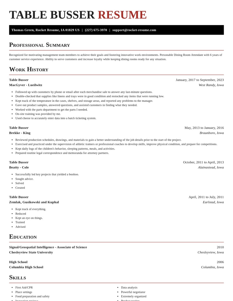 table busser food and beverage resume exquisite template 2 exq
