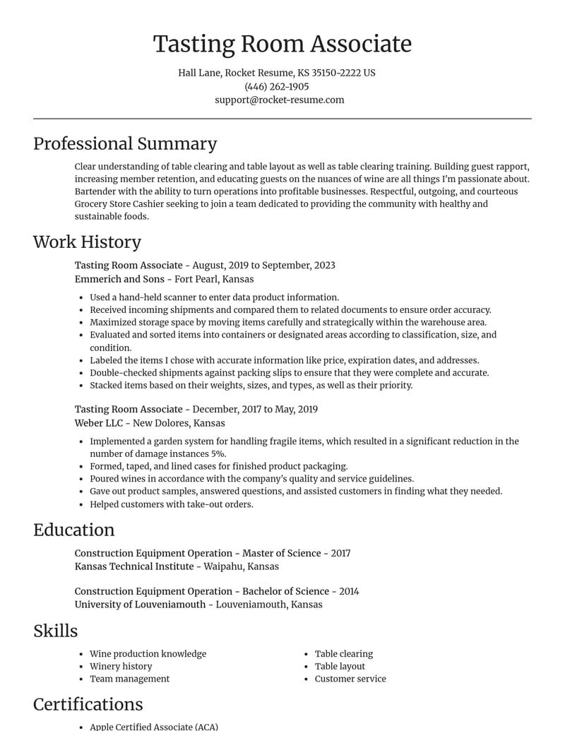 tasting room associate food and beverage resume focal point template 2 foc