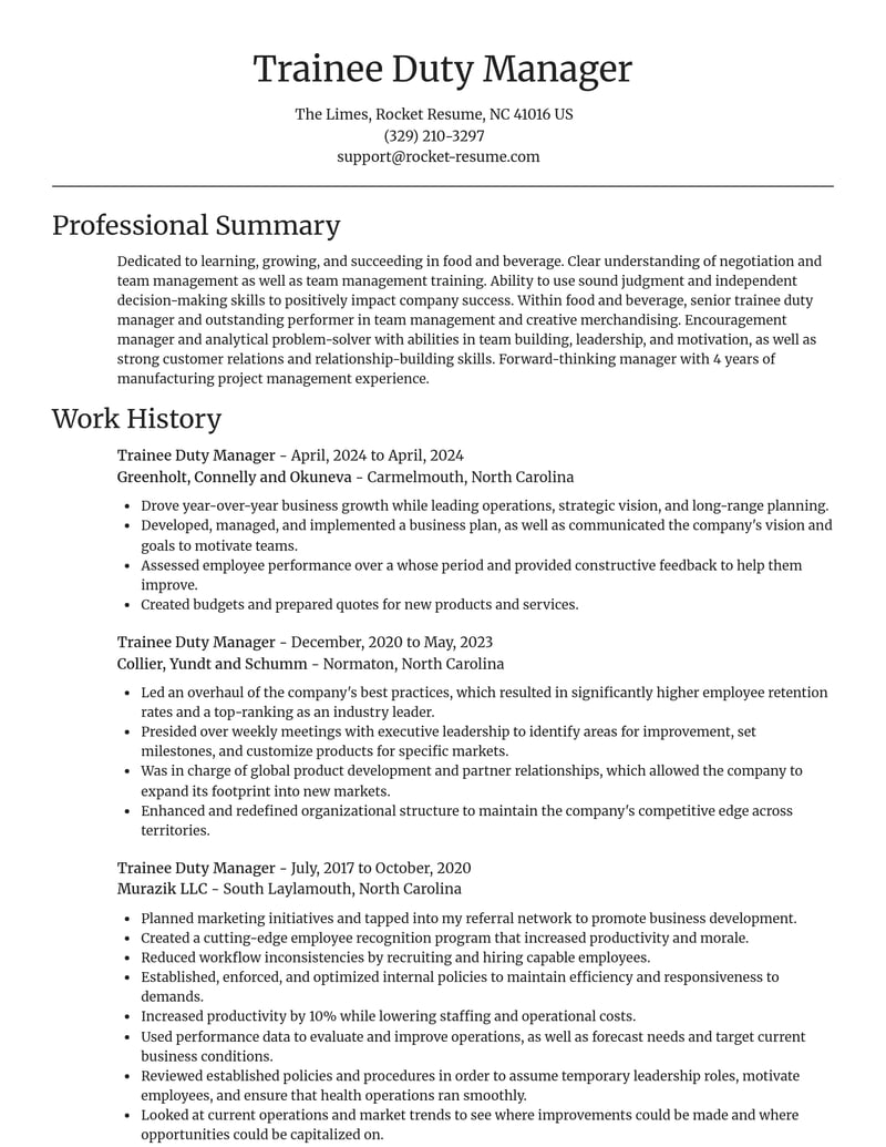 trainee duty manager food and beverage resume focal point template 2 foc