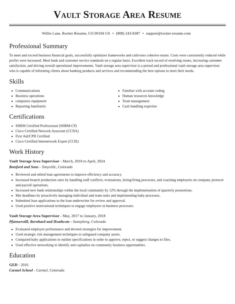 vault storage area supervisor food and beverage resume classic template 2 cla