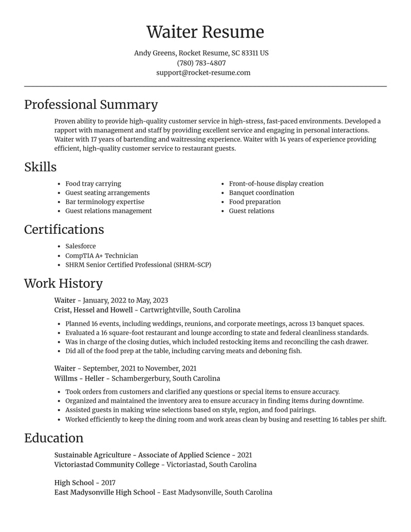 waiter food and beverage resume focal point template 1 foc