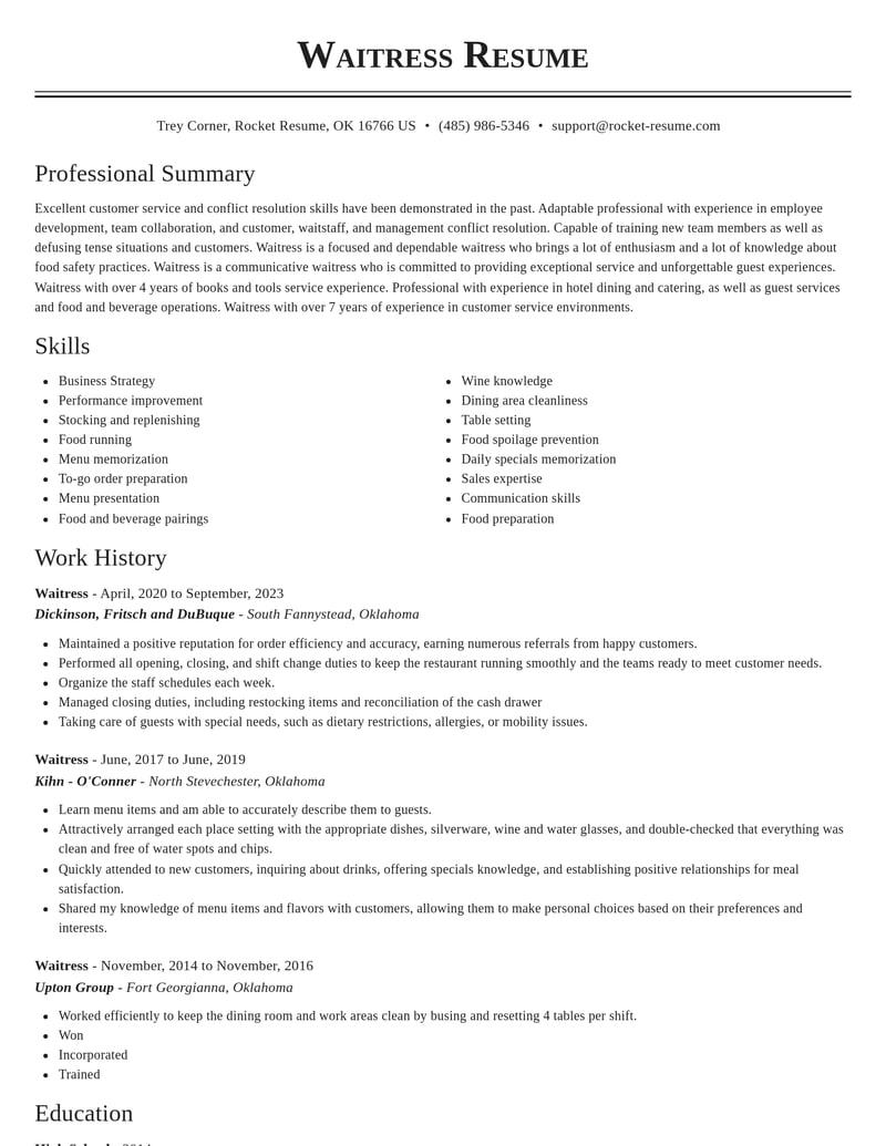 waitress food and beverage resume classic template 2 cla