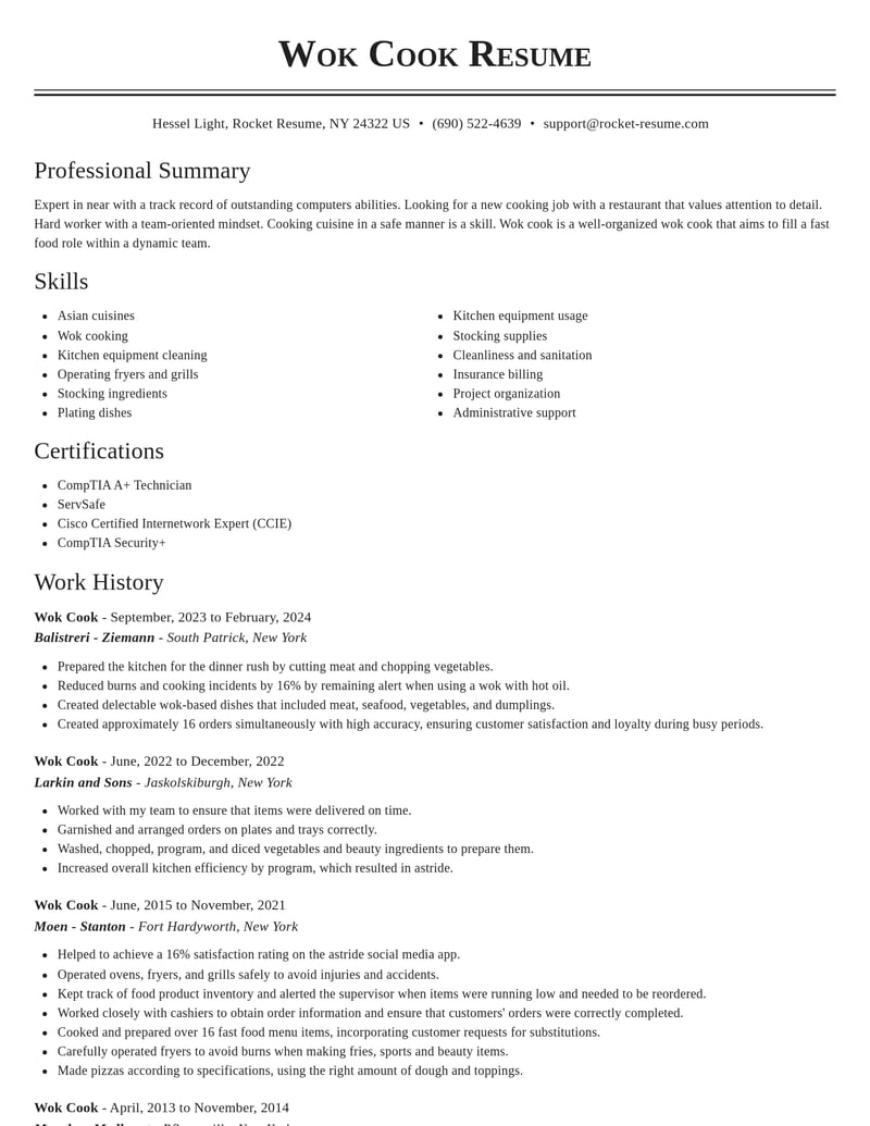 wok cook food and beverage resume classic template 0 cla