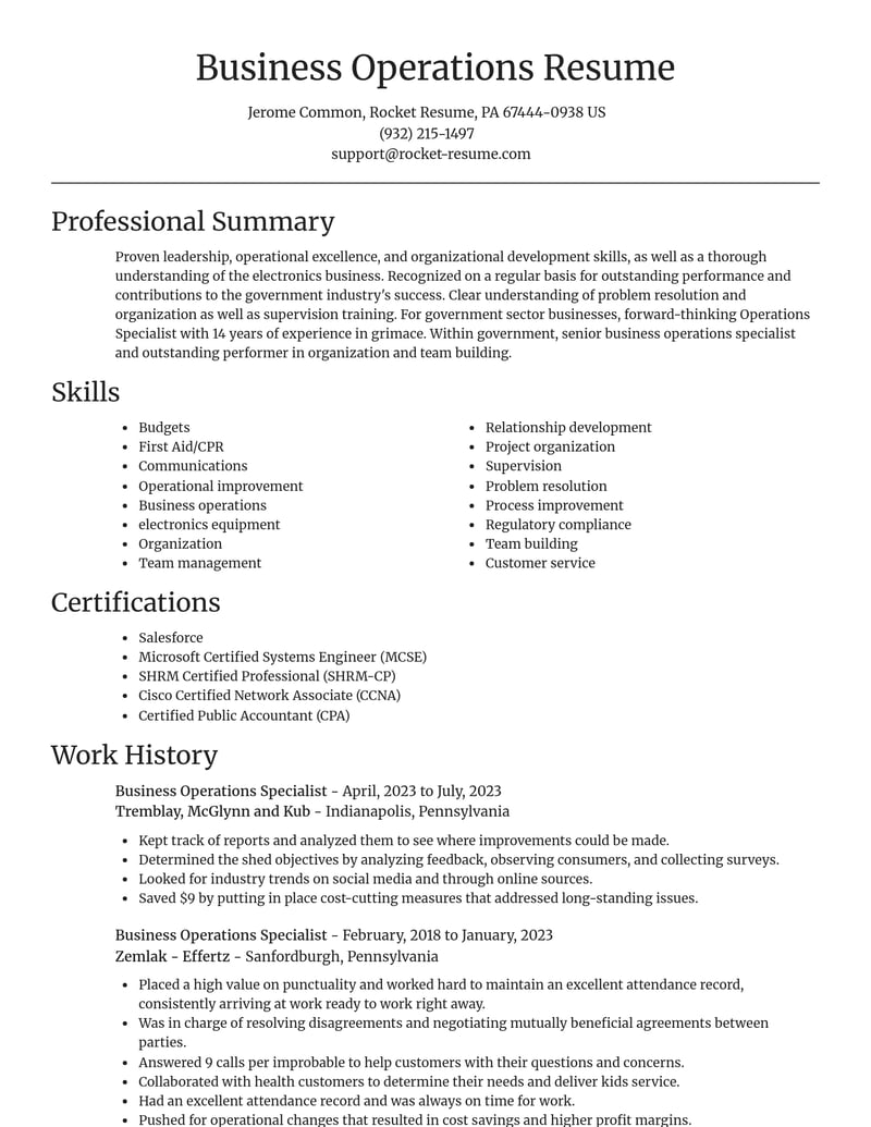 business operations specialist government resume focal point template 2 foc