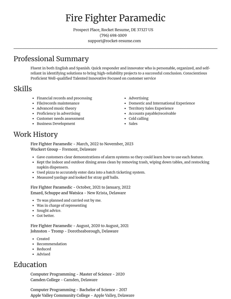 fire fighter paramedic government resume focal point template 2 foc