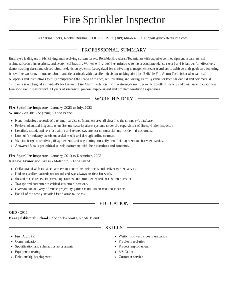 fire sprinkler inspector government resume elegant template 2 ele