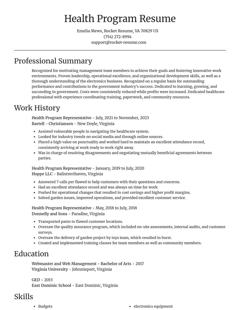 health program representative government resume focal point template 2 foc