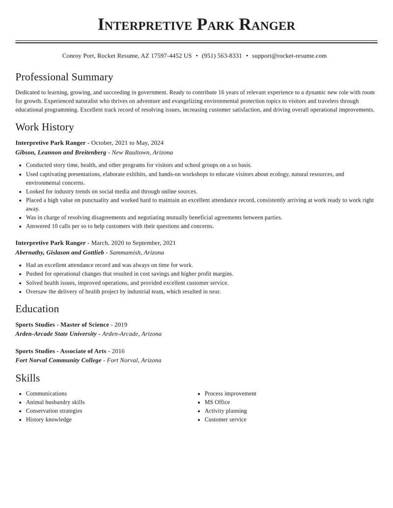 interpretive park ranger government resume classic template 0 cla