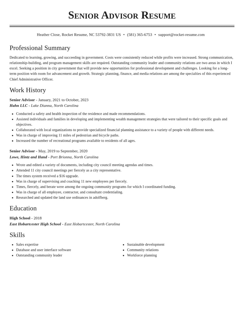 senior advisor government resume classic template 2 cla
