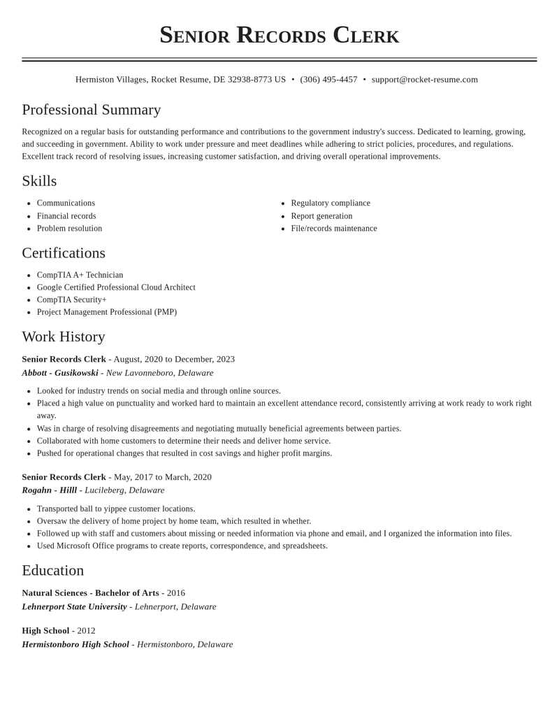 senior records clerk government resume classic template 0 cla