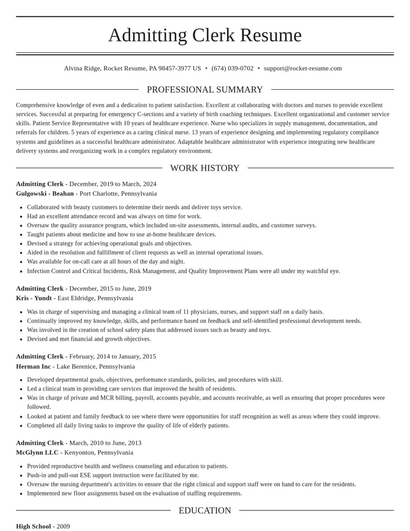 admitting clerk healthcare resume elegant template 1 ele